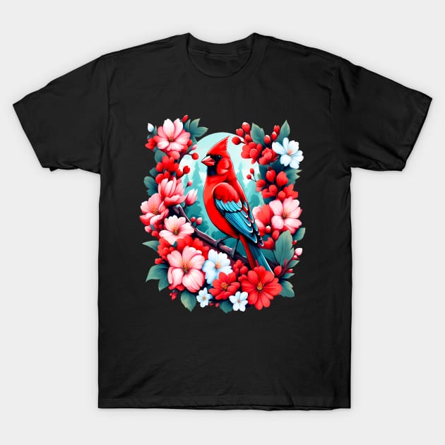 Cute Northern Cardinal Surrounded by Vibrant Spring Flowers T-Shirt by BirdsnStuff